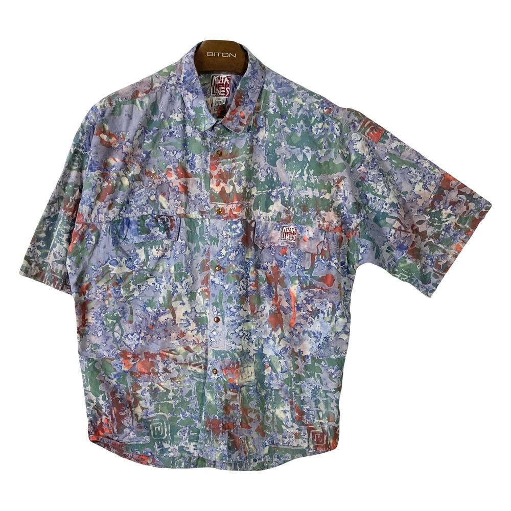 NWOT KUTA LINES Button Shirt XL Multicolor Tie Dye Cotton Logo Flap Short Sleeve